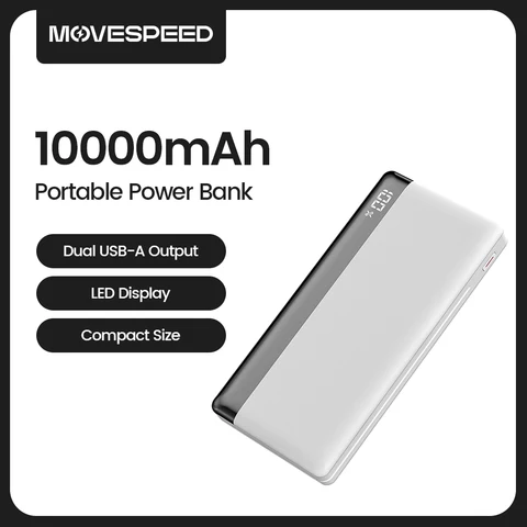 MOVESPEED K10 Power Bank 10000 мАч, два порта USB A, быстрая зарядка, внешний большой аккумулятор для iPhone 15Pro, Samsung S23 Xiaomi 14