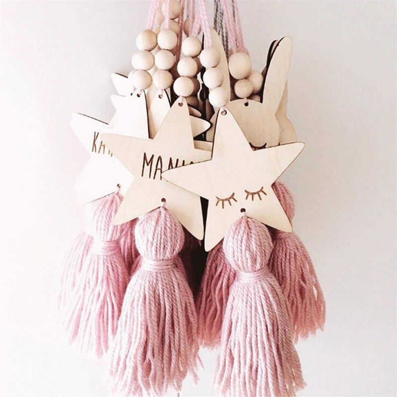 

Nordic Style Cute Star Shape Wooden Beads Tassel Pendant Kids Room Decoration Wall Hanging Ornament for Photography