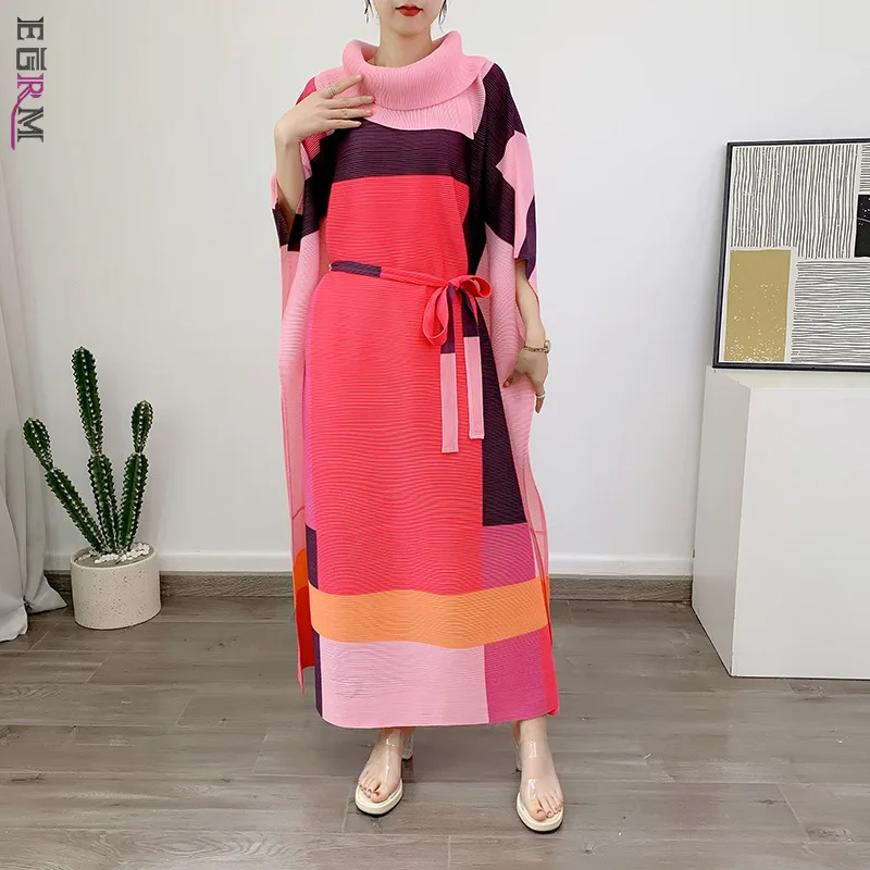 EGRM Miyake Pleated Maxi Dress Color Block Pile Collar Wrapped Sleeves with Belt Dresses for Women 2023 Summer New 2RM71681