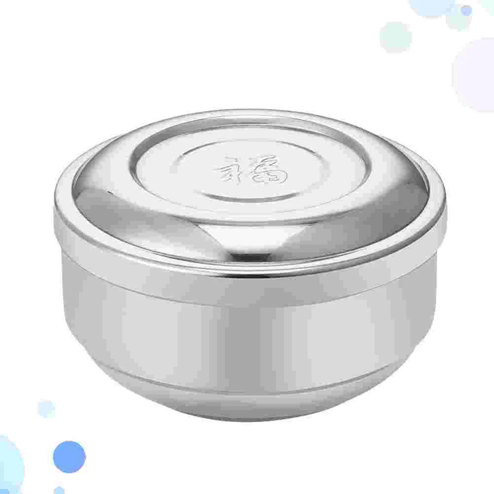 

Stainless Steel Bowl with Lid Double Walled Rice Bowl Household Round Utensils for Home Office Use with Word Style Silver Size 1