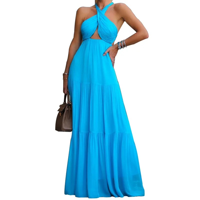 

Богемное женское сексуальное Новое Платье макси с воротником хомутом На Шнуровке Для Женщин Летнее синее однотонное платье