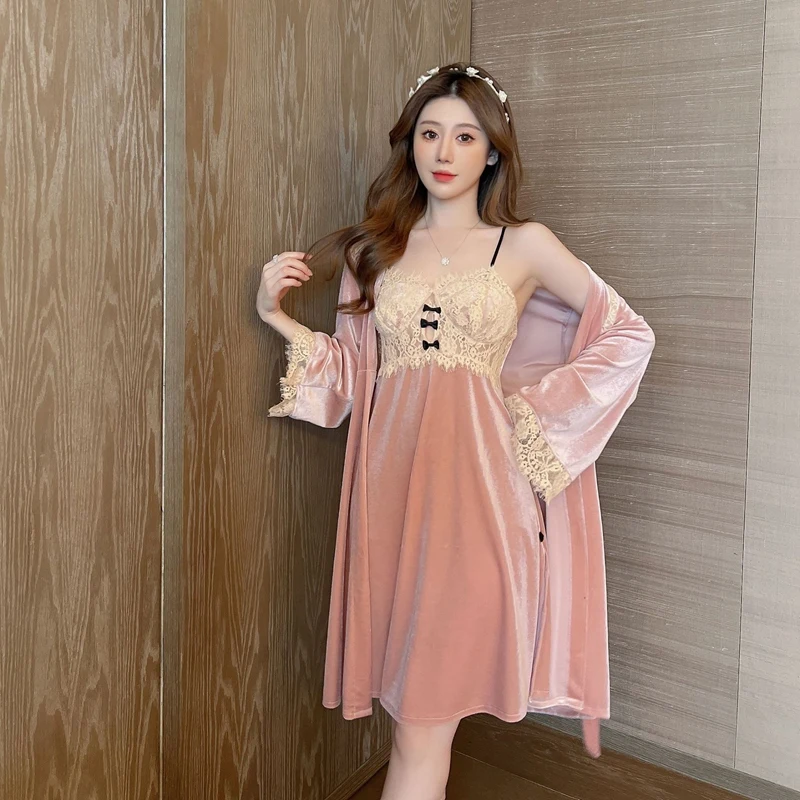 

Autumn Velvet Sets Female Dressing Bathrobe Kimono Nightdress Winter Women Sleepwear Suit Robes Sets Piece Pink 2 Nightgown Gown