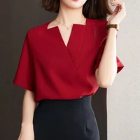 qoerlin women elegant solid blouse tops 2022 summer ladies ol slim shirts casual short seeve office blusa female streetwear