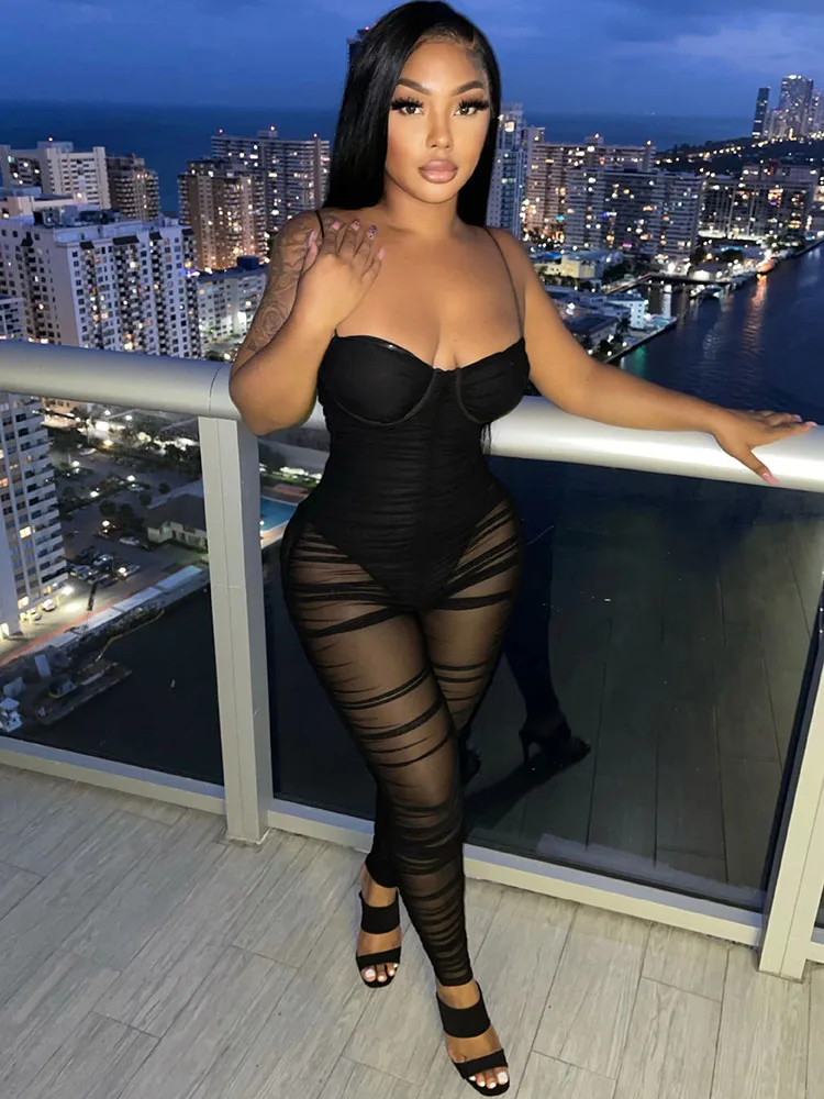 

Szkzk Sexy Mesh Sheer Bodycon Jumpsuit For Women Spaghetti Strap Backless See Through Clubwear Rompers Black Jumpsuits Overalls