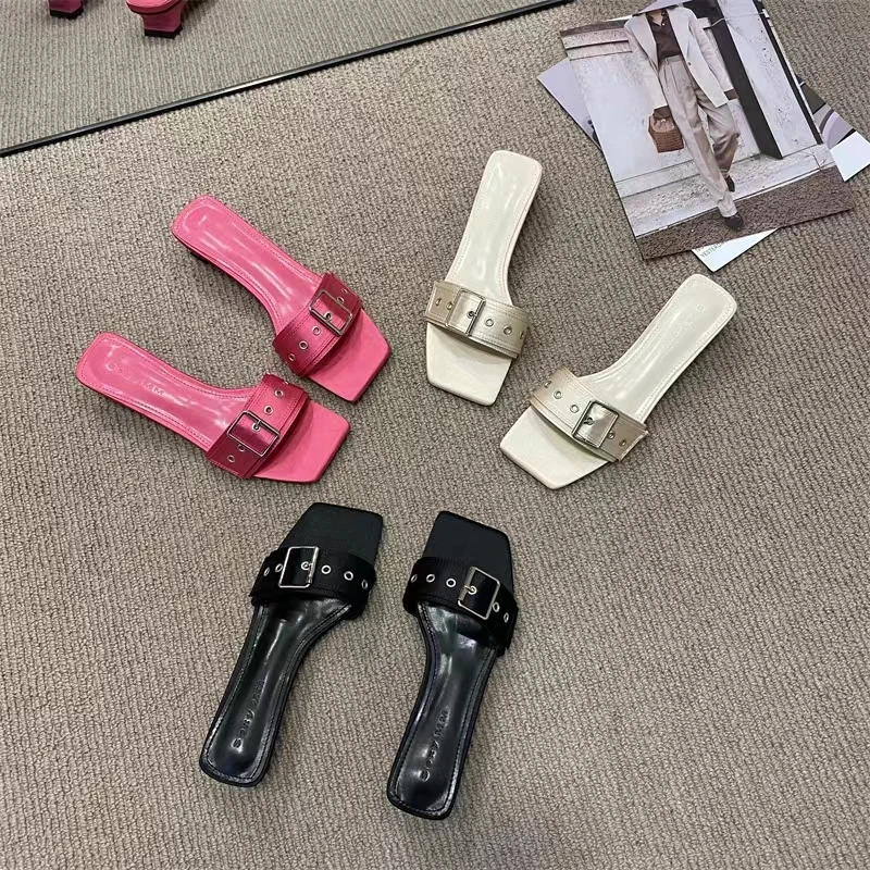 2023 New Women's Shoes Flat Sexy Square Toe Outdoor Beach Slipper Fashion Women's Slipper Black Luxury Sandals  Zapatos De Mujer