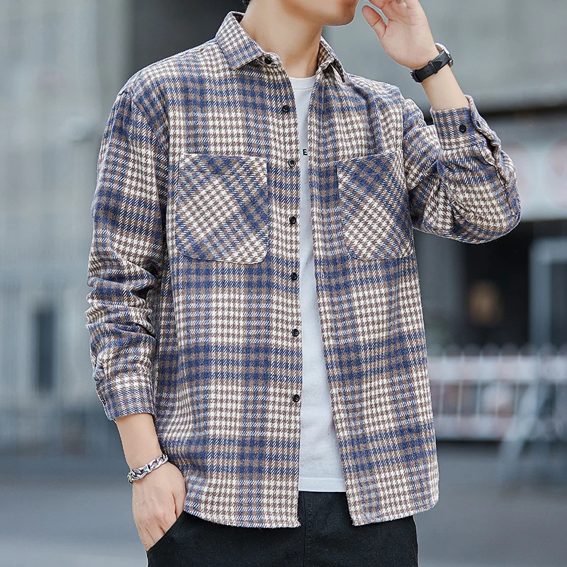 Мужская рубашка в клетку Повседневная приталенная с длинным рукавом из хлопка 4XL