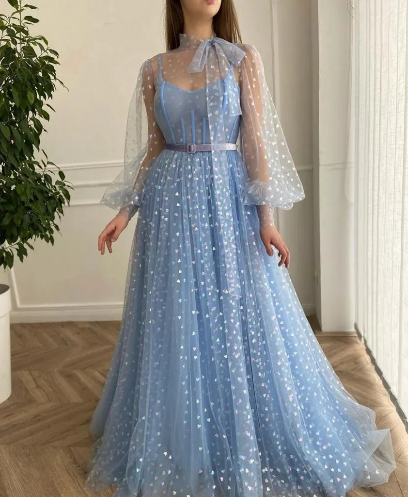 

Heart Print Prom Dresses 2023 Spaghetti Straps A-Line Long Sleeves With Belt Floor-Length Formal Occasion Dresses vestidos de