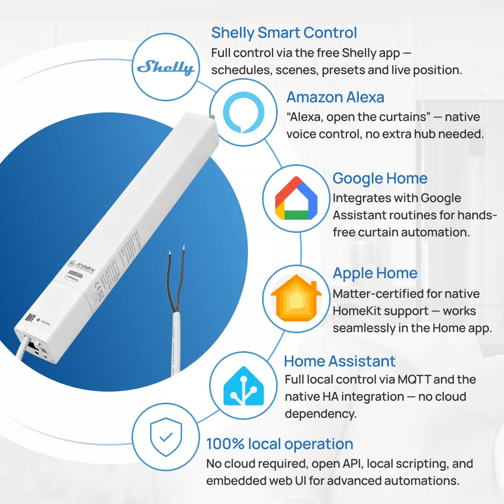 Фото Автоматизированная система штор Raex Matter на базе умного Wi-Fi-мотора Shelly Smart с поддержкой HomeKit, Alexa, Google Home №5
