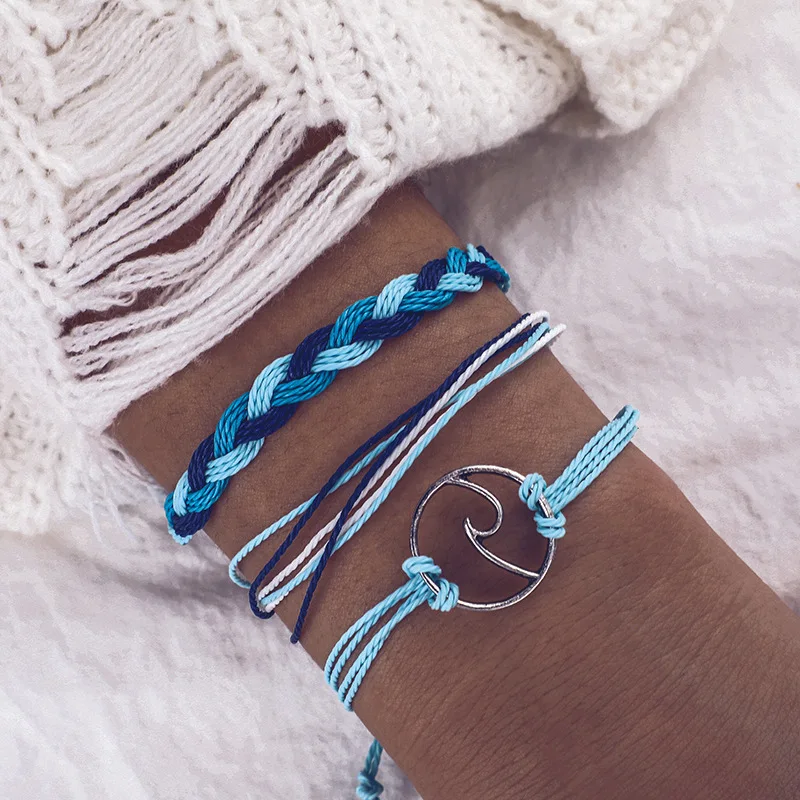 

New 2022 Navy Style Hand-woven Rope Wave Pendant Bracelet Wax Thread Three-piece Set