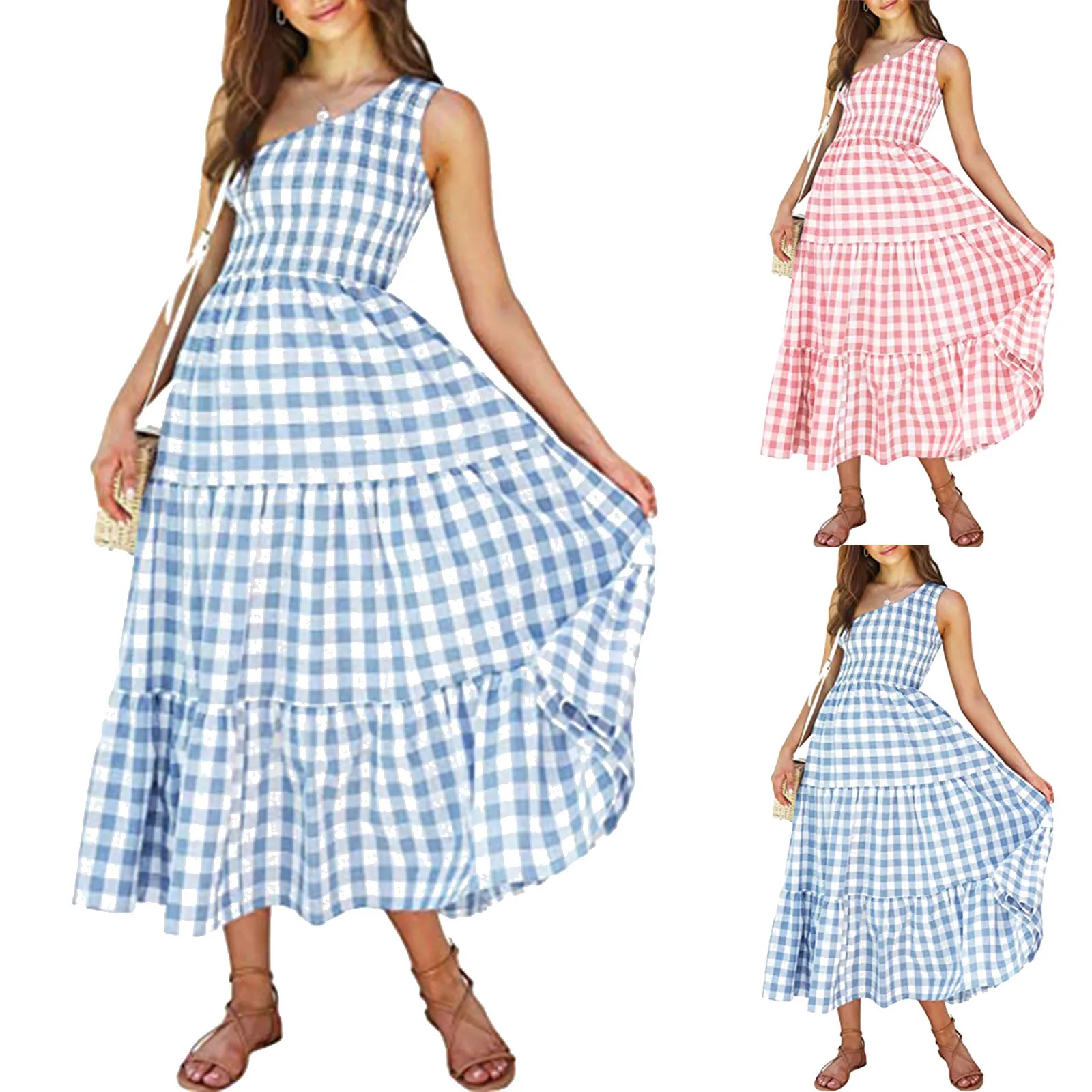 

Платье женское клетчатое средней длины без рукавов с принтом