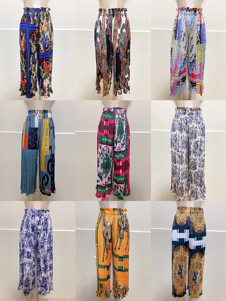 

Design Bohemian Ethnic Retro Multicolor Print Elastic Waist Drape Wide Leg Pants Ladies Summer New Fashion Loose Cropped Pants