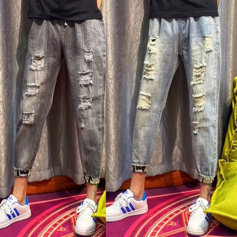 

Wholesale 2022 Ripped Hole Streetwear Men Jeans Spirit Social Fitness Slim Haren Men's Teenagers Cowboy Stacked Pants Trousers