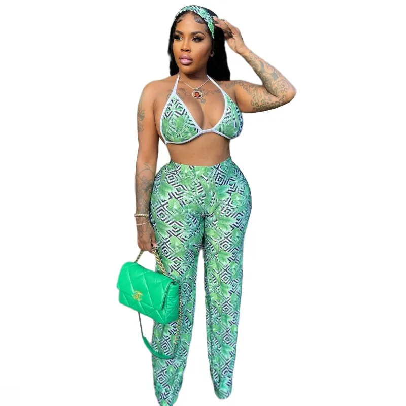 

Three Piece Set Summer Sleeveless Lingerie Print Tops Pants Matching Set Fashion Wide Leg Pants Sexy Women's Outfits Nightclub