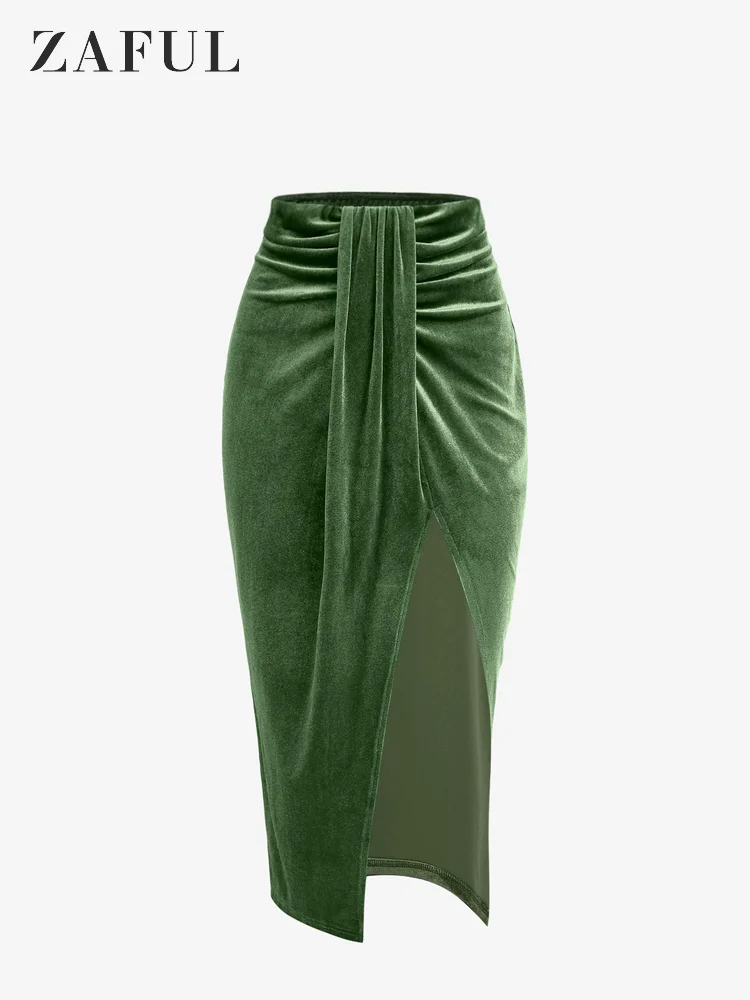 

ZAFUL Pleated Ruched Draped Velvet Solid Color Fitted Elastic Waist Thigh High Slit Midi Skirt for Women Daily Date Night
