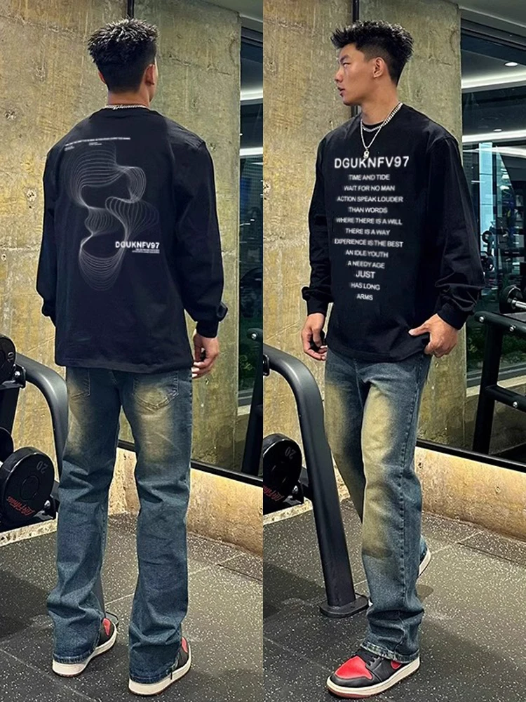 Fashion Brand Street Heavy Loose Cotton round Neck Long sleeves Shirt Men's Spring and Autumn Inner wear Bottoming Men'...