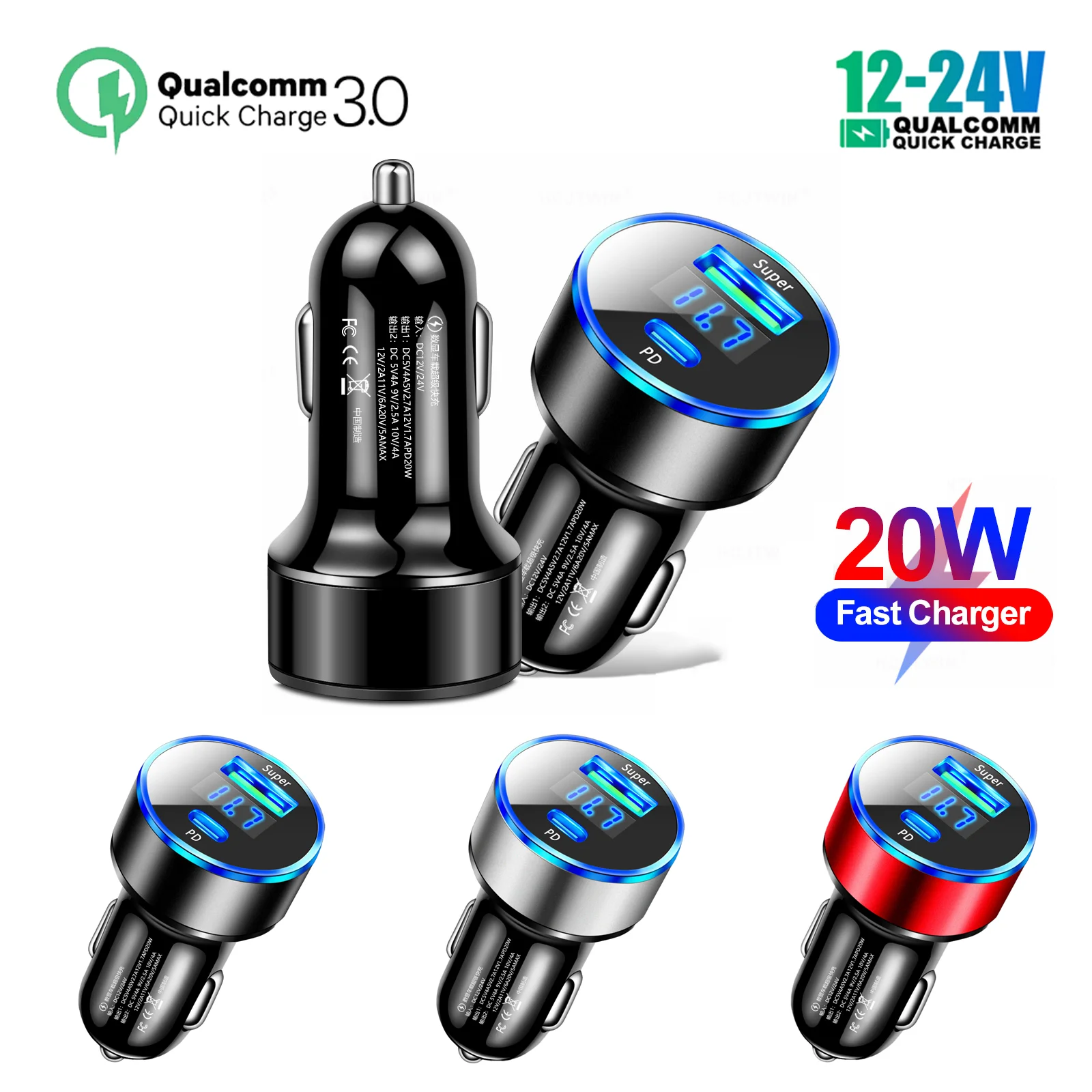 Dual USB Car Charger 15W 3.1A USB Type C Auto Cigarette Lighter Adapter Mobile Phone Fast Charging Charger Accessories 12V 24V