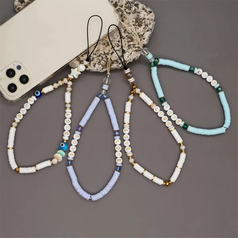 

New Fashion Geometric Letter Soft Pottery Mobile Phone Lanyard Glass Eye Beads Anti-lost Mobile Phone Chain Female Hanging Cord