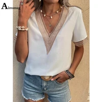 women elegant fashion tops sexy v neck basic tops latest summer patchwork lace t shirt short sleeve casual tees clothing 2022