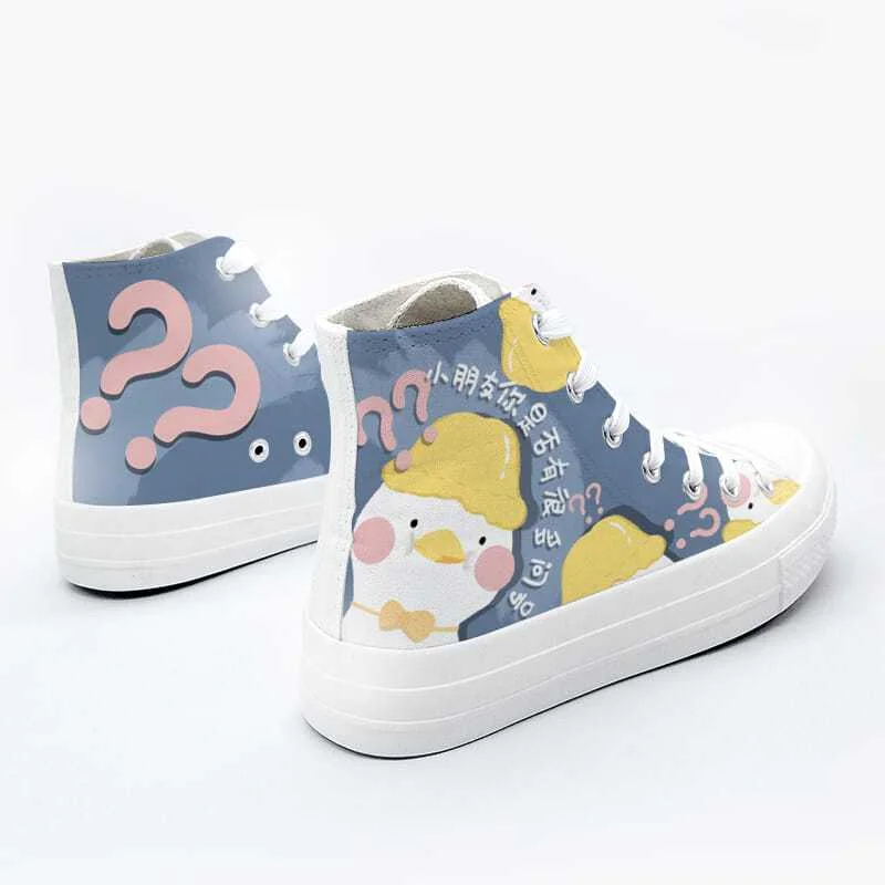SHANPA Kawaii Duck Print Shoes Casual All-match Cartoon High Top Student Original Korean Fashion Canvas Shoes Zapatillas Mujer