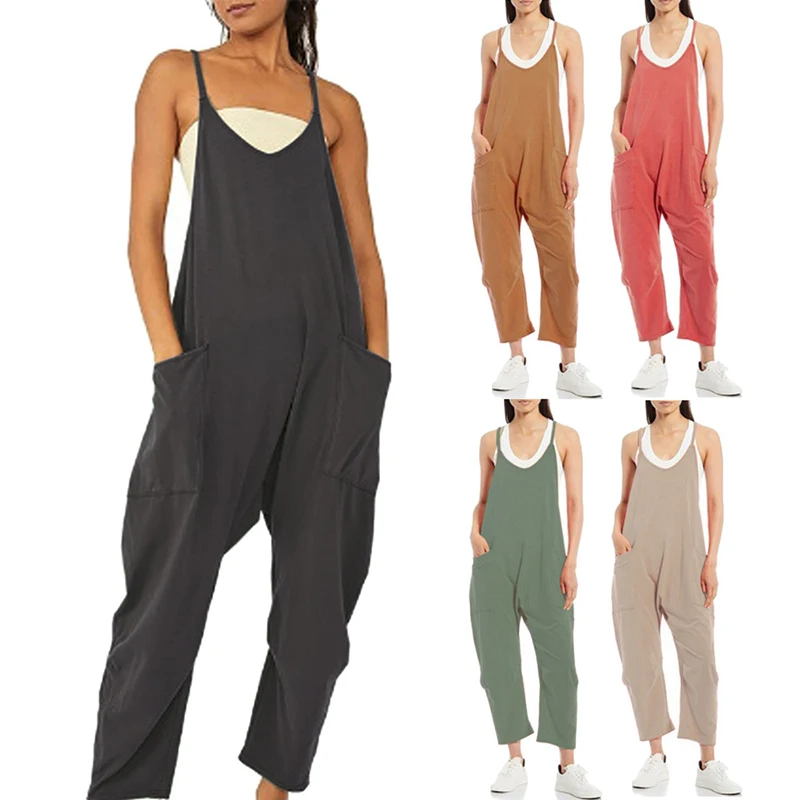 Women’s Casual Jumpsuit Spring Summer Loose Sleeveless Solid Color Large Porket Wide Leg Rompers One Piece Strap Outfit Clothes