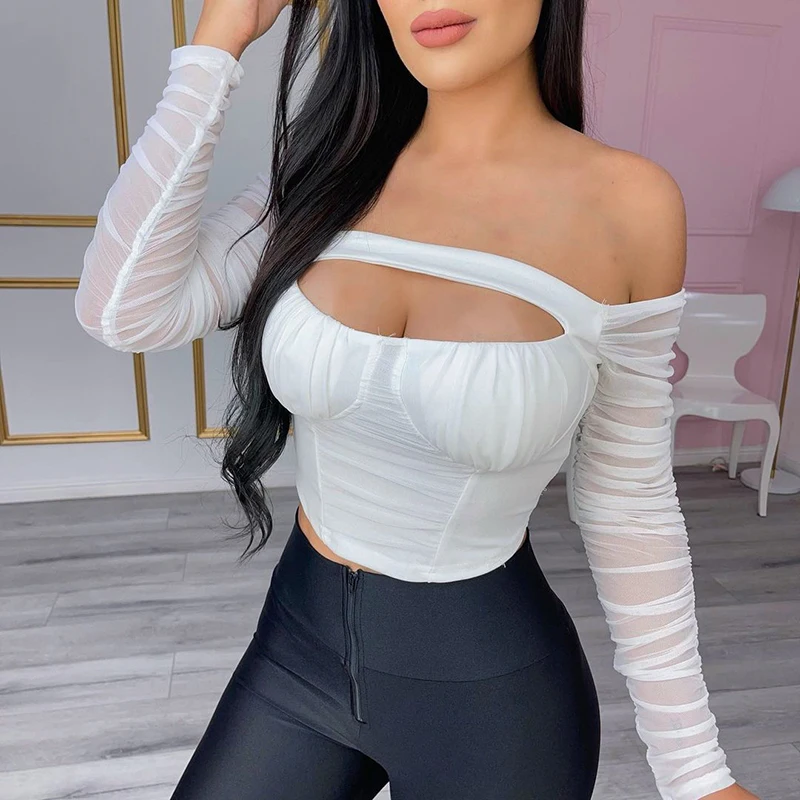 

Женские трендовые укороченные топы, однотонная облегающая блузка с открытыми плечами и длинным рукавом для дам, белая Базовая короткая май...