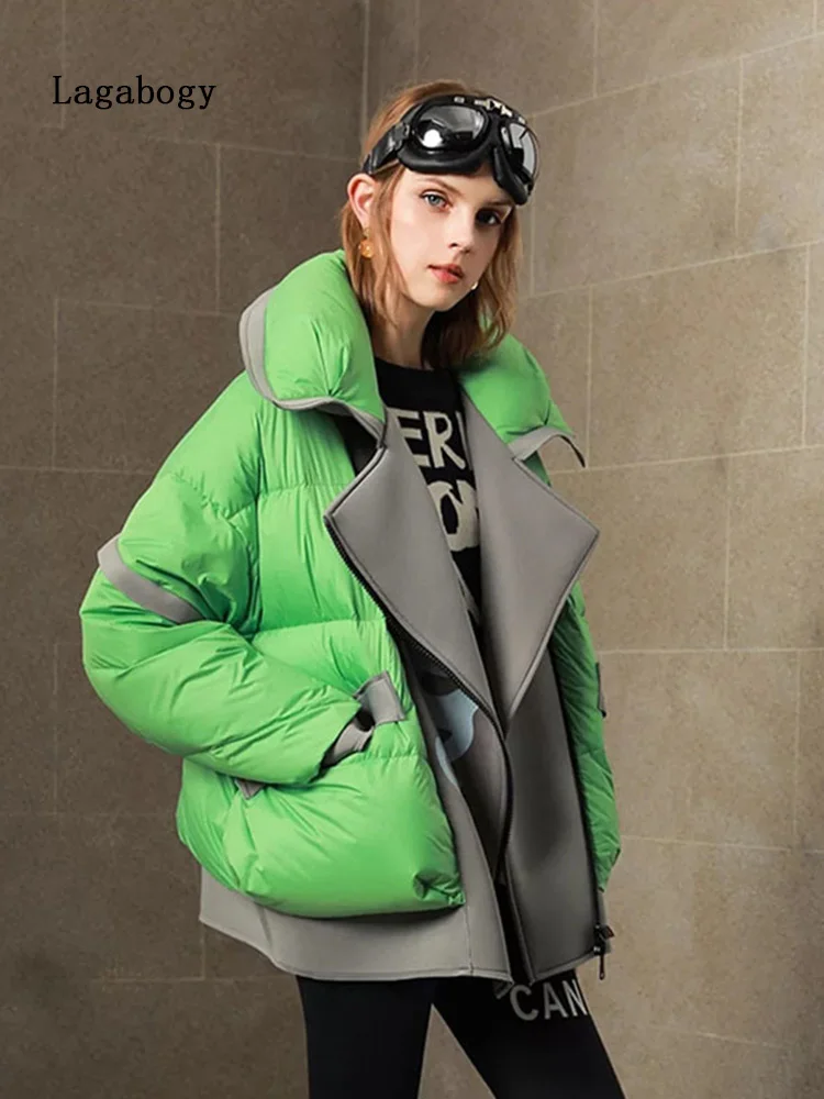 2022 New Winter Jacket Women Short Warm Puffer Parkas European Streetwear Lapel Loose 90% White Duck Down Coat Female