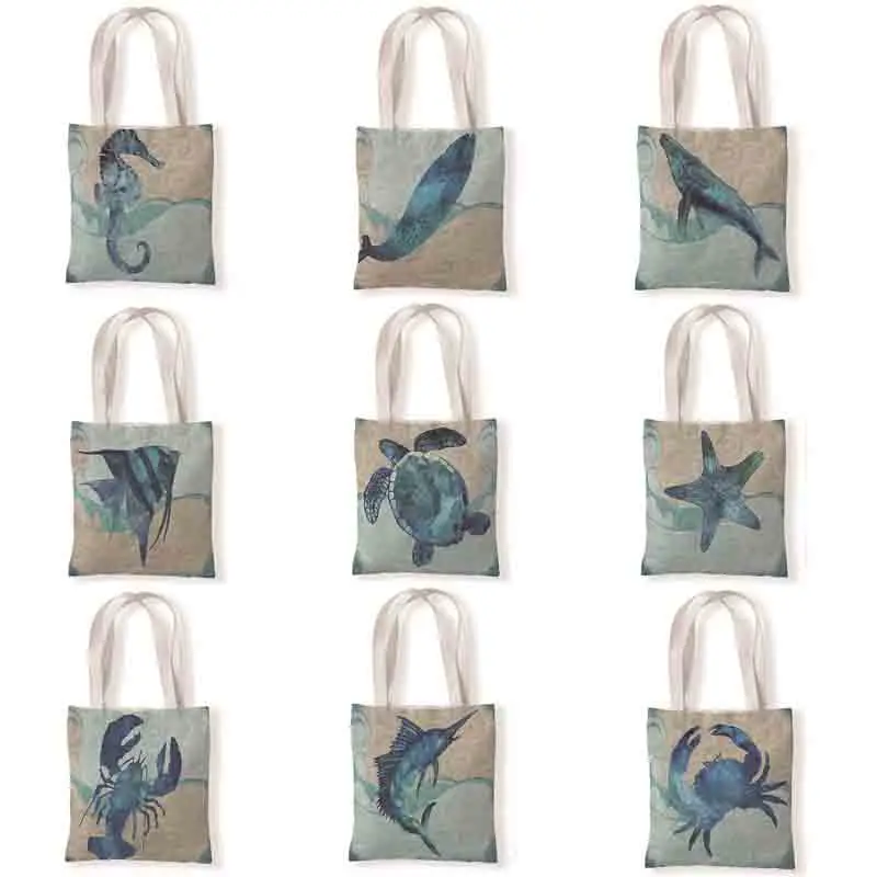 

Crab Painting Cute Whale Sea Series Shopper Bag Women Handbags Large Capacity Crab Starfish Totes Bag