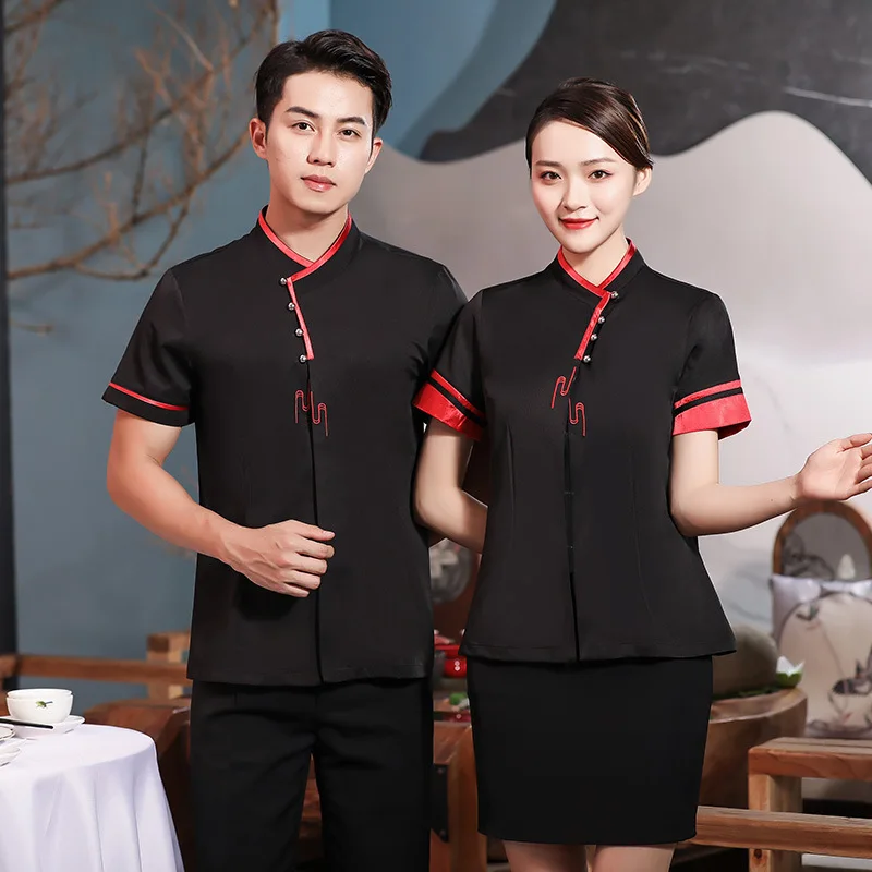 Chinese Hotel Waiter Work Clothes Short Sleeve Fast-food Waitress Uniform Teahouse Restaurant Hot Pot Shop Cooking Work Wear