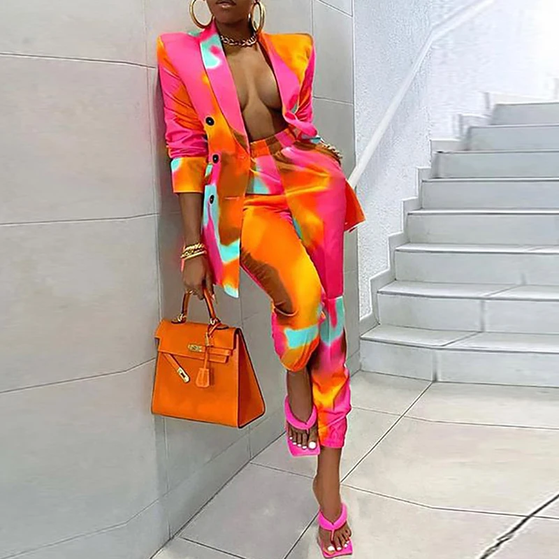 

Pattern Printed Long Cargo Pants Women Office Outfits Fahsion Blazer Tops & Vintage Elegant Two Piece Sets