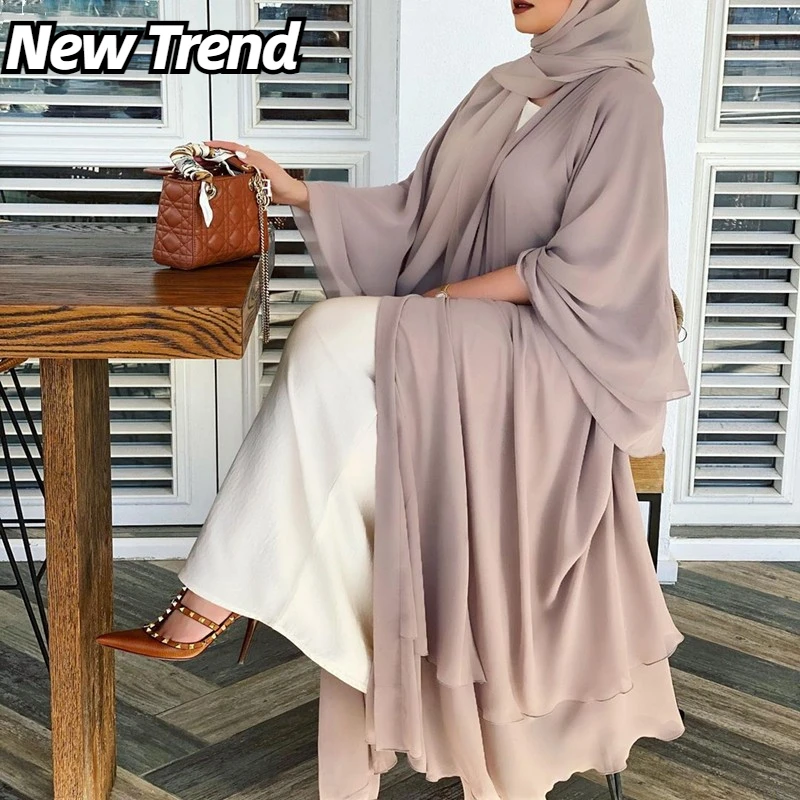 Open Abayas Muslim Maxi Dress for Women Muslim Sets Islamic Eid Loose Ethnic Style Elegant Chiffon Long Robes Female Dresses