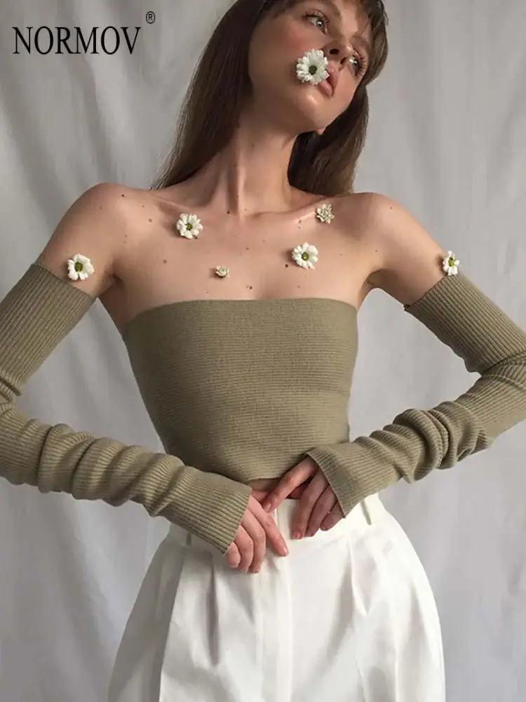 

NORMOV Blouses Aesthetic Exotic New Fashion Winter Female Slim Strapless Tube T-Shirt Top Clothing for Girls Funny T Shirts