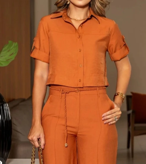 Однотонная блузка с отворотом и высокой талией облегающий брючный костюм