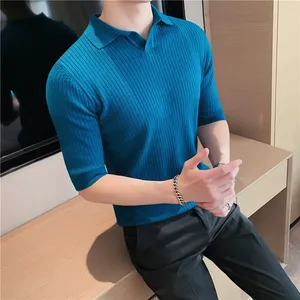 2022 Spring Summer Knit Polo Shirt Men Casual Turn-down Collar Button-up Fashion Striped Solid Color Tops Men Fashion Slim Polo 2022 Spring Summer Knit Polo Shirt Men Casual Turn-down Collar Button-up Fashion Striped Solid Color Tops Men Fashion Slim Polo