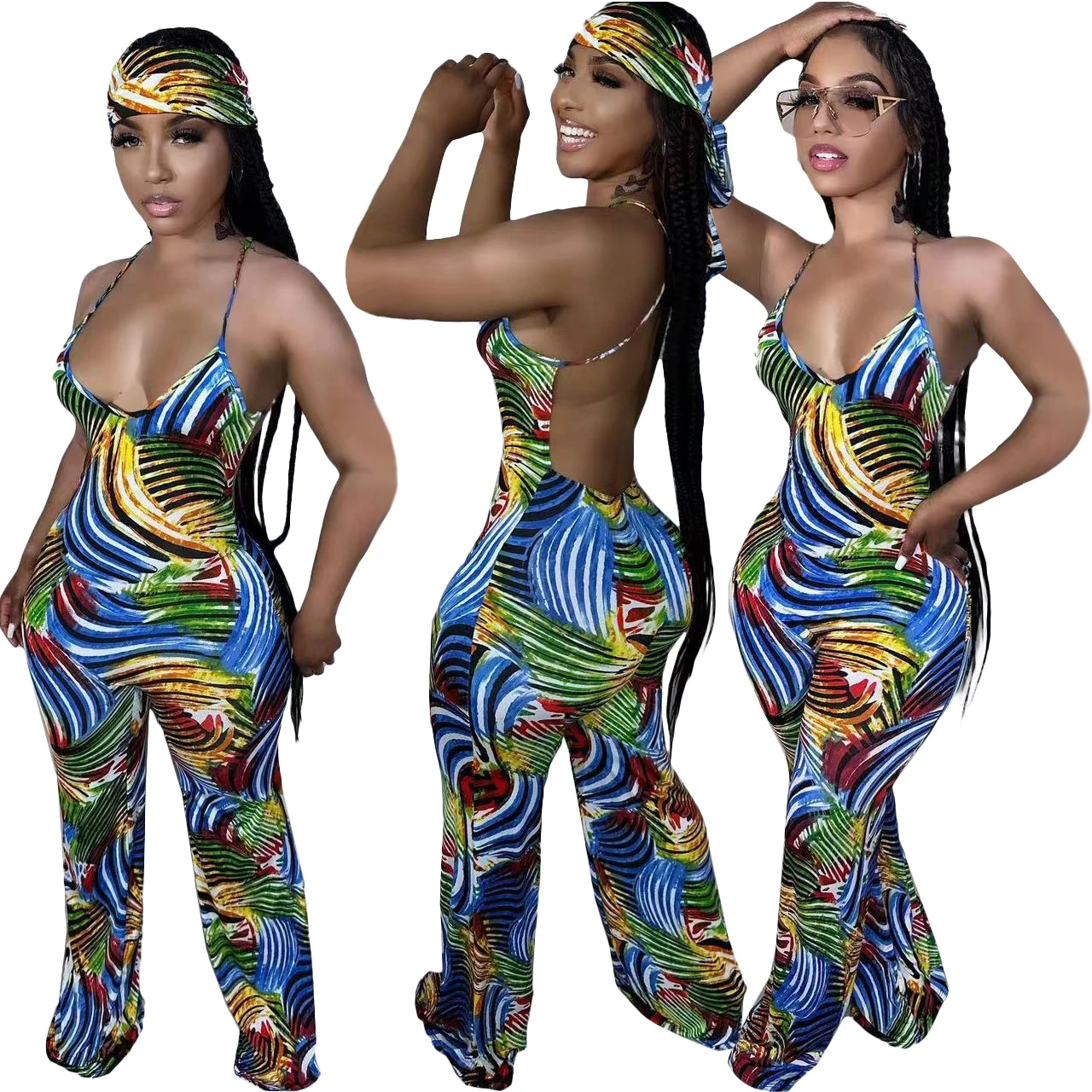 

2023 Fashion Geometric Print Women Jumpsuits with Headscarf Spaghetti V Neck Sleeveless Backless Holidays Beach Rompers Overalls
