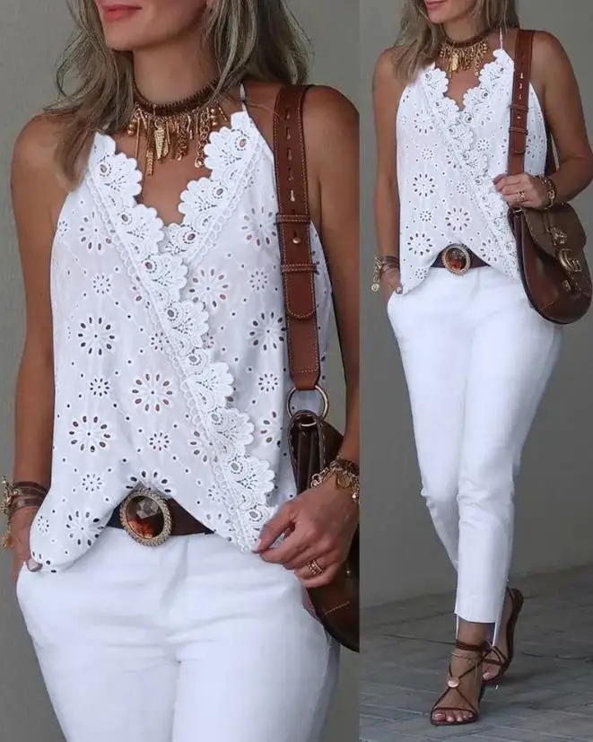 

Eyeliner Embroidery Lace Patch Halter Wrap Vest Hot Sale Women's New Top Casual Solid 2023
