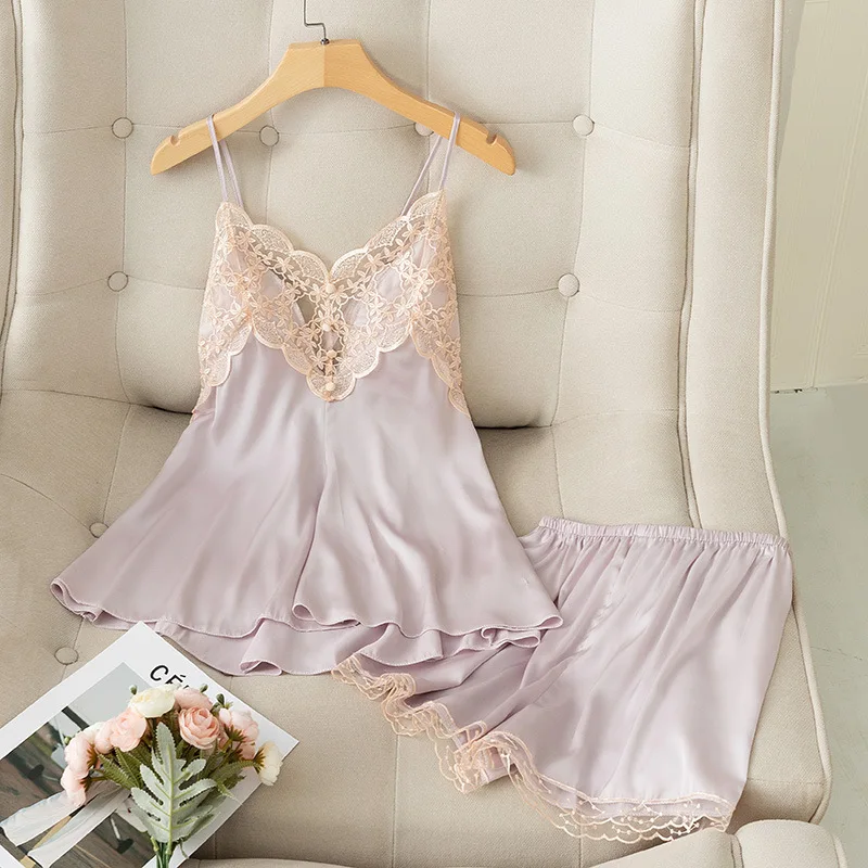 

Women Lace Flower Trim 2PCS Women Pajamas Set Sexy Strap Top&Shorts With Bra Sleepwear Summer New Casual Solid Satin Nightwear