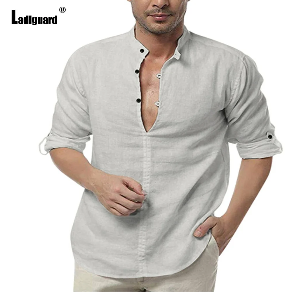 Large Size 3xl Men Long-sleeved Cotton Shirt Blouses 2023 Mandarin Collar Basic Tops Male Casual Shirt blusas Sexy Mens Clothing