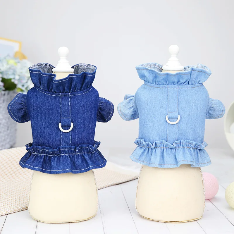 

Denim Dog Vest with Traction D Ring Summer Dog Dress Jean Pet Clothes for Small Dogs Chihuahua Shirt Yorkie Pug Puppy Cat Skirt