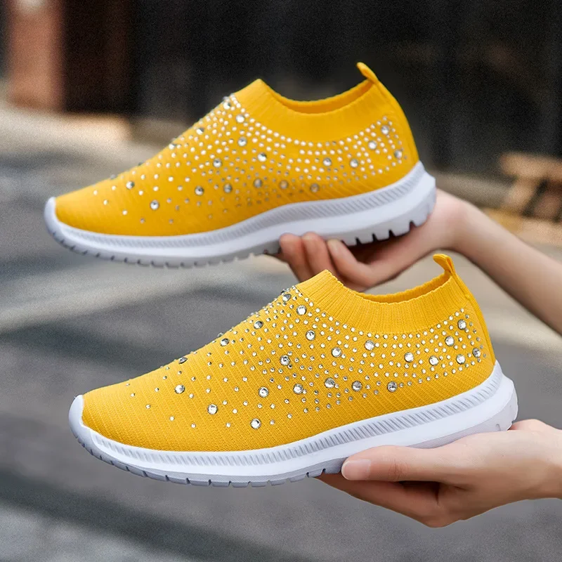 Women Casual Sneakers Knitted Flats Loafers Ladies Slip-on Sock Shoes Women's Luxury Crystal Vulcanized Zapatillas Mujer
