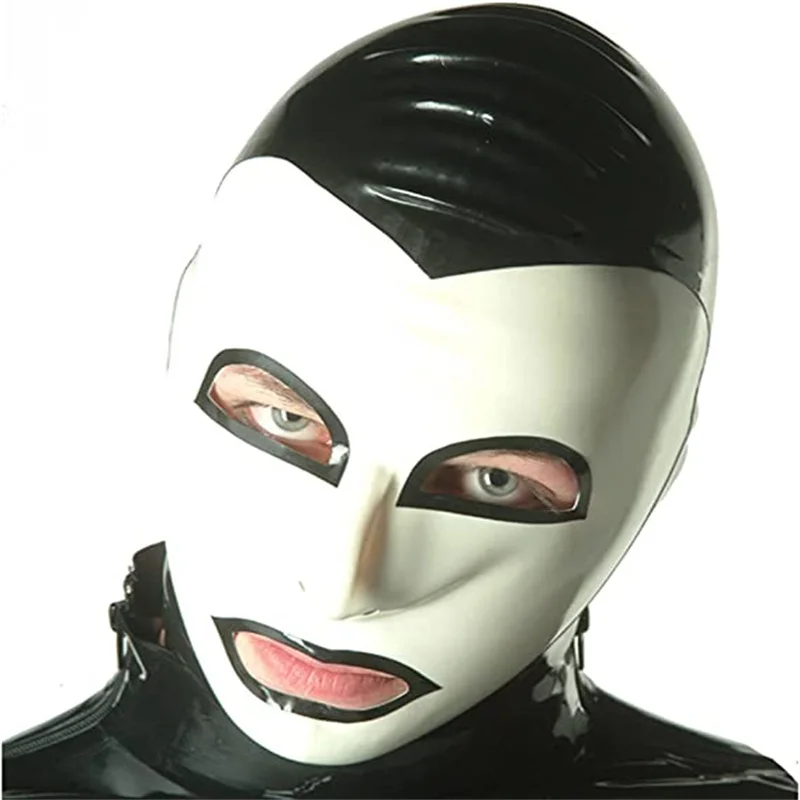 

Сексуальная латексная резиновая маска с капюшоном черная с белым на молнии сзади ручная работа Хэллоуин косплей костюмы для мужчин женщин