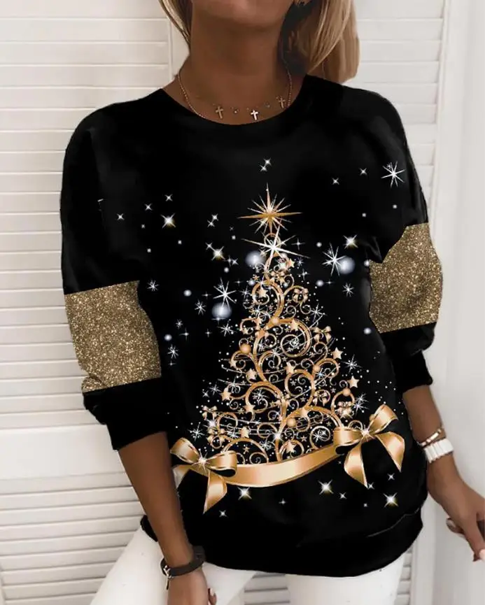 

Christmas Tree Print Long Sleeve Sweatshirt Casual Long Sleeve Pullover Tops Christmas Tree Star Print Long Sleeve Sweatshirt