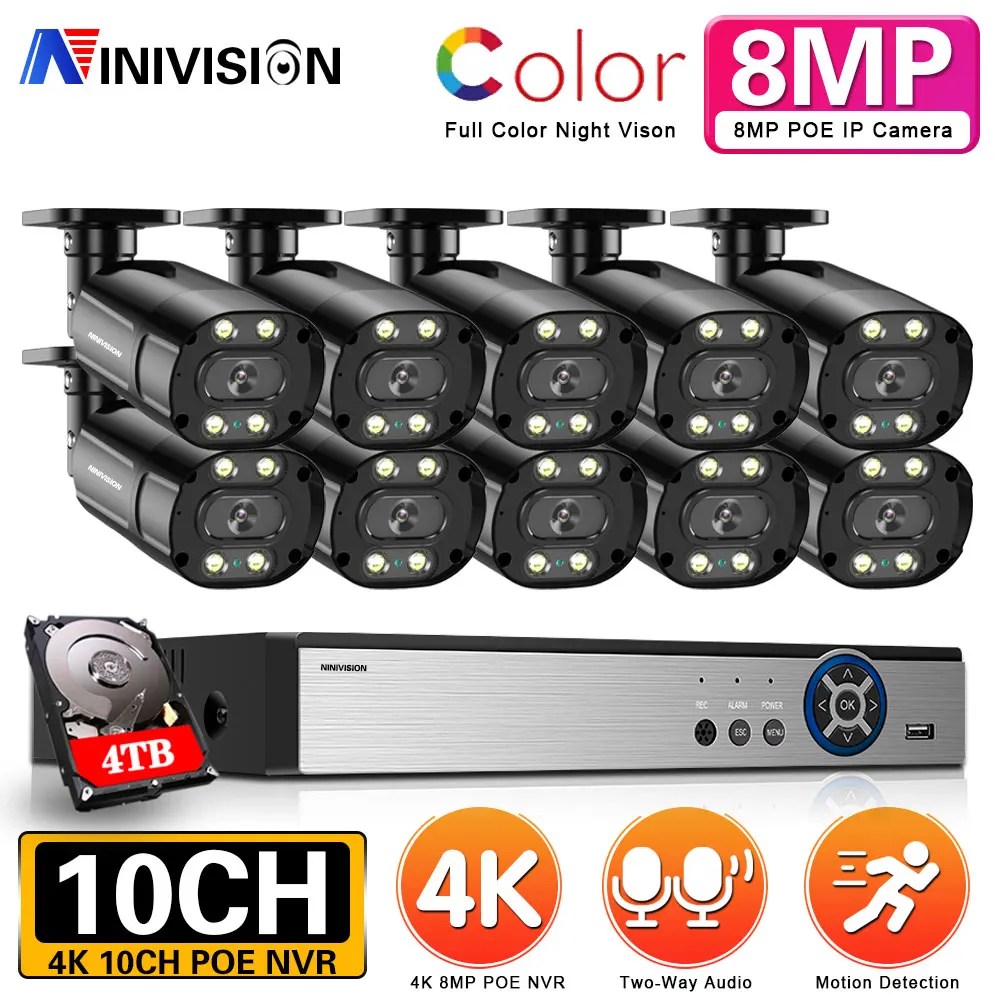 

4K Security Camera System AI human Detection 8MP 8CH 10CH PoE NVR Recorder Audio PoE IP Cameras With 8TB HDD For 24/7 Recording