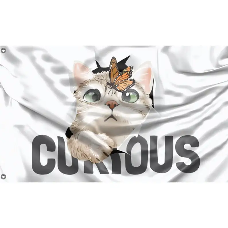 

Curious Cat Flag Unique Print, 3x5 Ft / 90x150 cm
