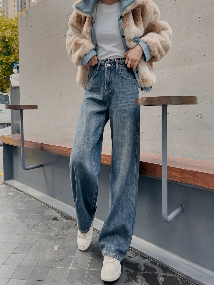 High Waisted Wide Leg Jeans Women Clothing Letter Splicing Straight Tube Loose Fitting Slim Denim Pants Korean Version Trousers