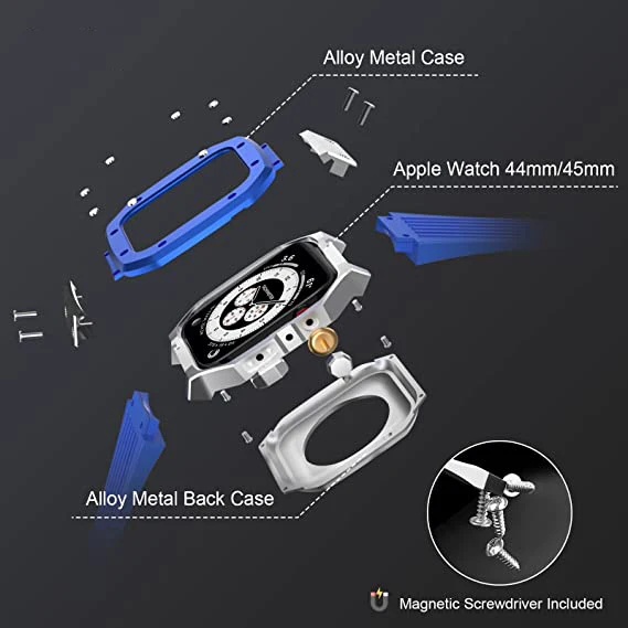 Mod Kit Stainless Steel Case+Strap For Apple Watch 6 5 4 SE 44MM Modification Alloy Frame Rubber Band For iWatch Series 8 7 45mm