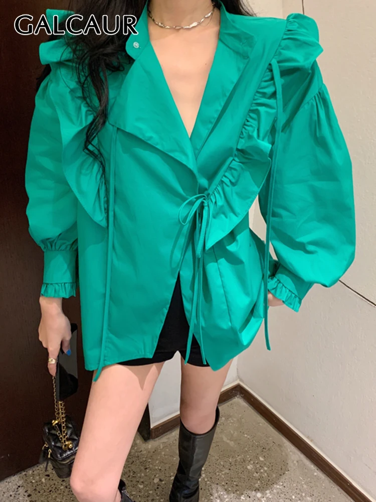 

GALCAUR Solid Shirt For Women v Neck Butterfly Sleevesingle breasted loose casual Blouses Females Summer Clothing fashion new