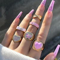 aprilwell 6pcs y2k pink dripping oil rings set for women gothic evil eye heart letter hug me anillos girl jewelry gifts chunky