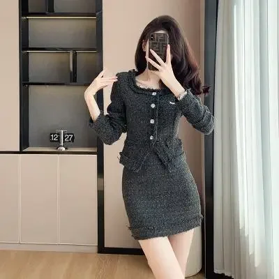 Серая куртка с бахромой юбка костюм-двойка женский костюм квадратным воротником