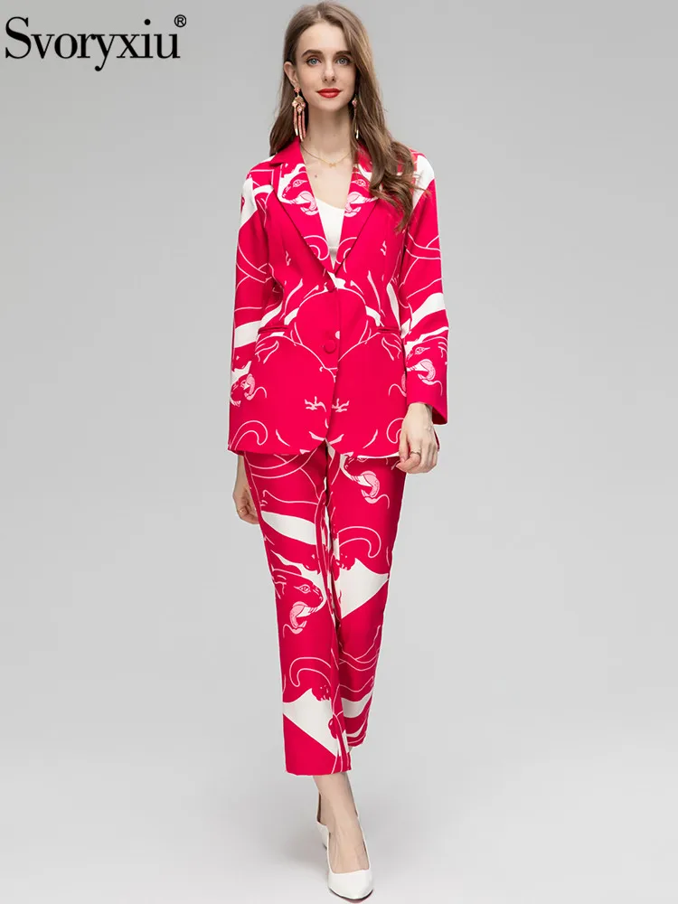 

Женский костюм с винтажным принтом Svoryxiu, разноцветный костюм с прямыми блейзерами на пуговицах с отложным воротником и брюками с классической талией на весну и осень 2019