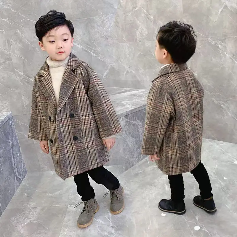 Men's and girls' peacoat 2023 new plaid clip cotton spring and autumn and winter mid-length girl coat children's clothes jacket